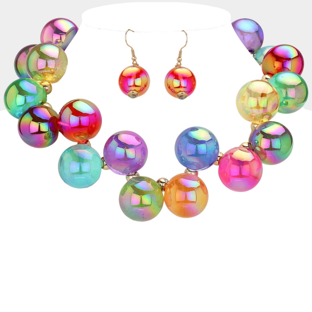 Multi-Colored Iridescent Ball Necklace Set Chunky Beaded Fun Statement Jewelry